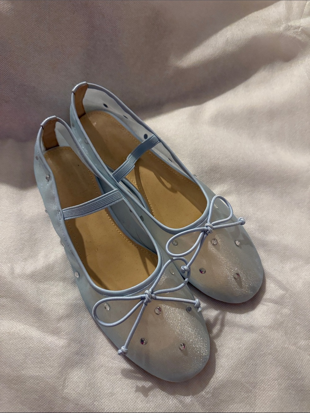 Light Blue Ballet Flats with Bow and Rhinestones